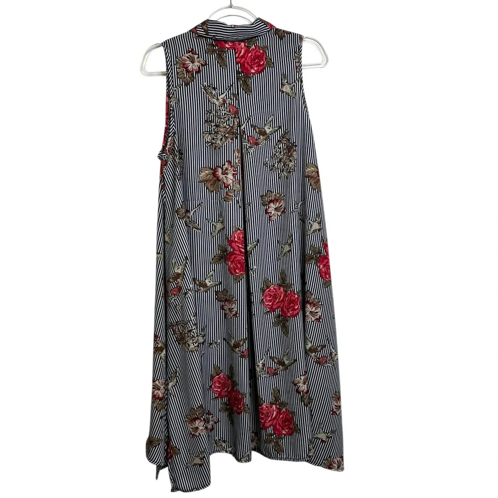 Navy‎ Striped Floral Bird Print Sleeveless Midi Dress  Red Roses Size L